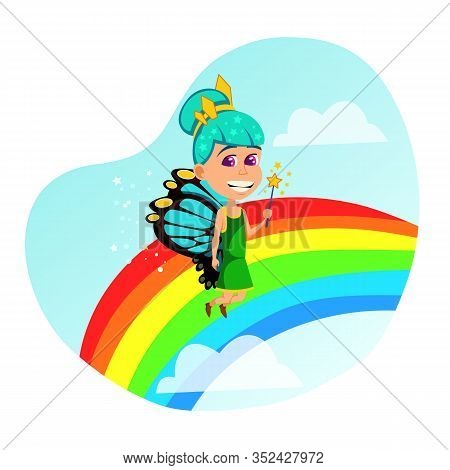 Rainbow Fairy. Little Magic Creature With Turquoise Colored Hair, Golden Crown, Butterfly Wings And 