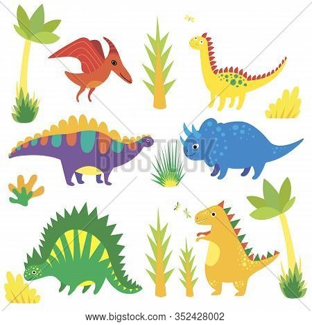 Set With Funny Cartoon Dinosaurs, Triceratops, Diplodocus, Tyrannosaurus, Stegosaurus, Pterosaur, Co