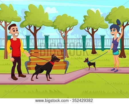 Young Girl, Walking Over Her Zwergpinscher In Local Park, Saying Hallo To Her Friend Dog Owner, Guy 