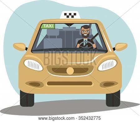 Smiling Taxi Driver In Uniform In His Car. Taxi Service.  Vector Illustration In Cartoon Flat Style