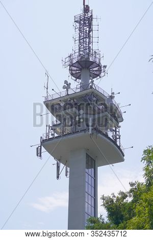 High Tv Tower Or Radio To Transmit Signals To Citizens. Modern Technology For Convenience.