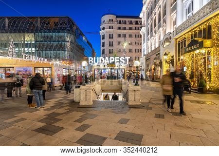 Budapest, Hungary - November 30, 2019: Underground Station On Vorosmarty Square With Christmas Shopp