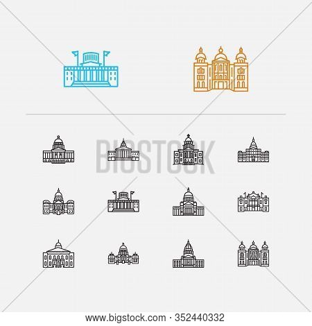Landmark Icons Set. Arkansas State Capitol And Landmark Icons With Michigan State Capitol, Governmen