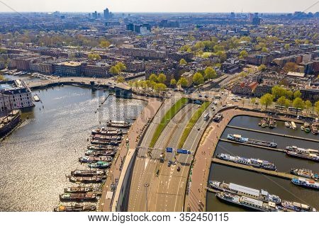 Amsterdam, Netherlands. May 10, 2019. Skyline In Historical Area, Amsterdam, Netherlands. Ariel View