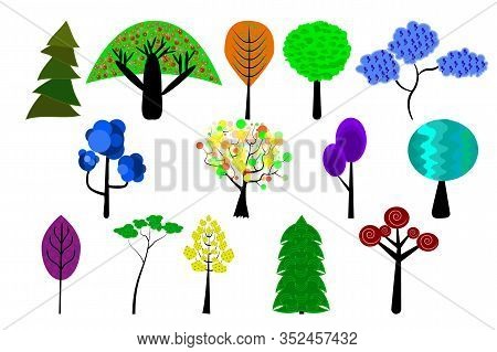 Set Of Trees Isolated On White Background. Collection Of Variety Colorful Trees Icon Or Logo In A Fl