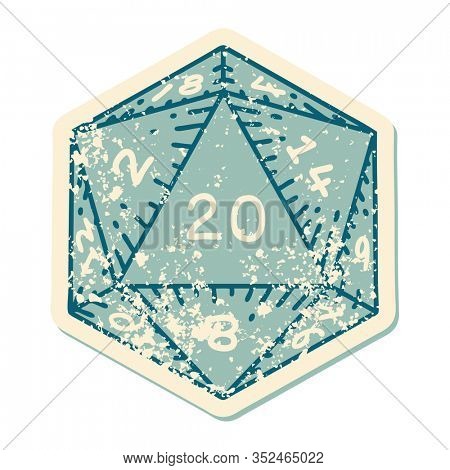 iconic distressed sticker tattoo style image of a d20 dice