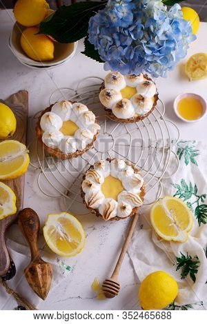 Vegan Lemon Meringue Tart.style Vintage. Selective Focus