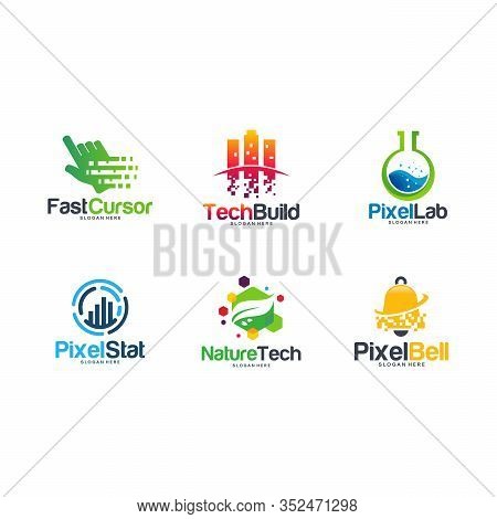 Set Of Pixel Tech Logo Designs Concept, Fast Cursor Logo, Tech Build, Pixel Laboratory, Pixel Stats,