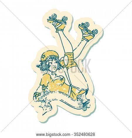 distressed sticker tattoo in traditional style of a pinup roller derby girl with banner
