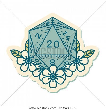sticker of tattoo in traditional style of a d20