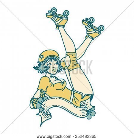 tattoo in traditional style of a pinup roller derby girl with banner