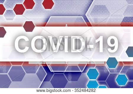 Cambodia Flag And Futuristic Digital Abstract Composition With Covid-19 Inscription. Coronavirus Out