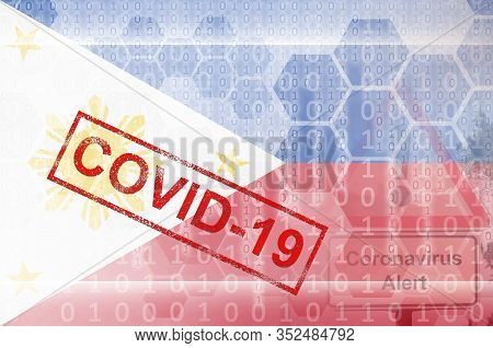 Philippines Flag And Futuristic Digital Abstract Composition With Covid-19 Stamp. Coronavirus Outbre