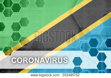 Tanzania Flag And Futuristic Digital Abstract Composition With Coronavirus Inscription. Covid-19 Out