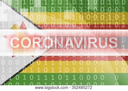 Zimbabwe Flag And Futuristic Digital Abstract Composition With Coronavirus Inscription. Covid-19 Out