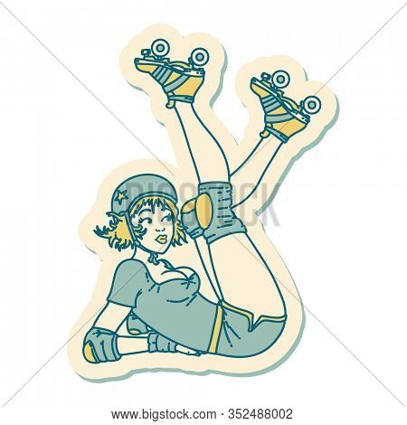 sticker of tattoo in traditional style of a pinup roller derby girl