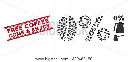 Rubber Red Stamp Seal With Free Coffee Come And Enjoy Phrase Inside Double Parallel Lines, And Mosai