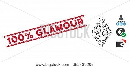 Distressed Red Stamp Seal With 100 Percent Glamour Phrase Inside Double Parallel Lines, And Mosaic E