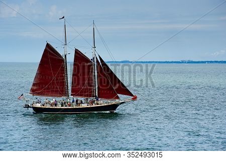 Cleveland, Oh - July 11, 2019: The Tall Ship Inland Seas, Sails On Lake Erie With The Eastern Shorli