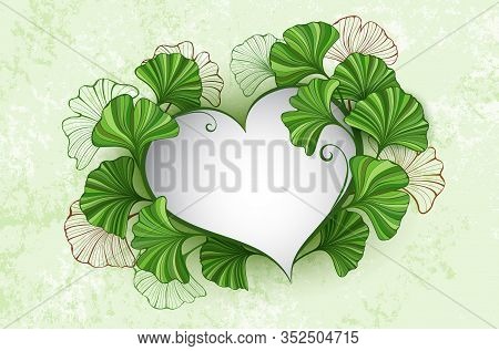 Banner In Shape Of Heart, Decorated With Green Stylized Leaves Of Ginko Biloba On Green Textured Bac