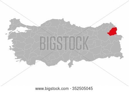 Kars Province Highlighted Red Color On Turkey Map Vector. Gray Background.