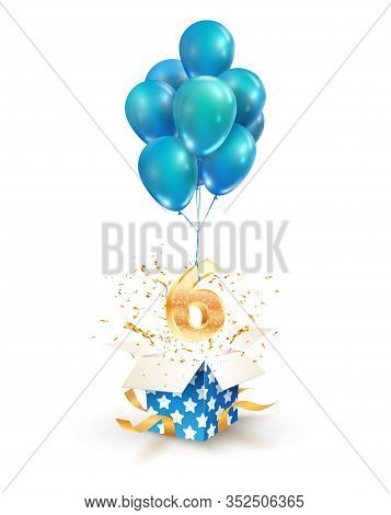 Open Textured Gift Box With Number 6 Th Flying On Balloons. Six Years Celebrations. Greeting Of Sixt