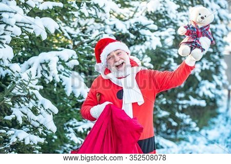 Santa In The Winter Field. Winter Christmas Greeting Card. Grandfather Santa Walks In Forest. Winter