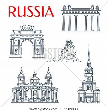Saint Petersburg Travel Landmarks, Russia Famous Architecture And Sightseeing Symbols. Vector Bronze