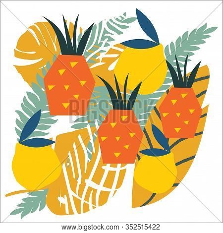 Bright, Juicy Background From Abstract Shapes, Fruits, Citrus Lemons, Oranges And Anans. Bright Mode