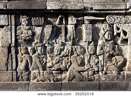 Bas-relief på væggen i Borobudur Temple