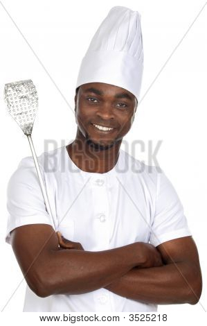 African Handsome Cook With Kitchen Utensils