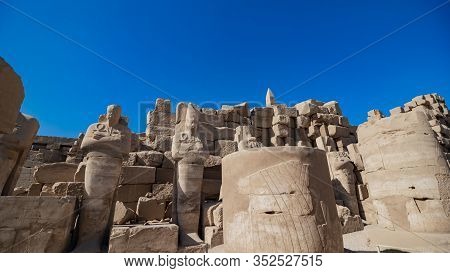Karnak Temple In Luxor, Egypt. The Karnak Temple Complex, Commonly Known As Karnak, Comprises A Vast