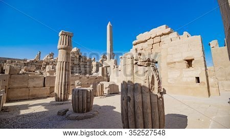 Karnak Temple In Luxor, Egypt. The Karnak Temple Complex, Commonly Known As Karnak, Comprises A Vast
