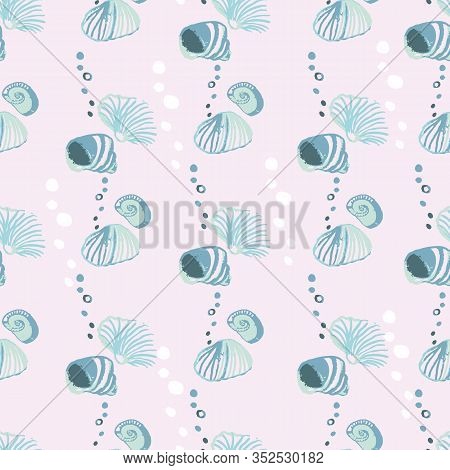 Pastel Blue And Teal Seashells On A Pale Greyish Pink Background Seamless Vector Pattern. Light Ocea