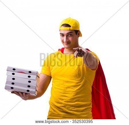 Super hero pizza delivery guy isolated on white