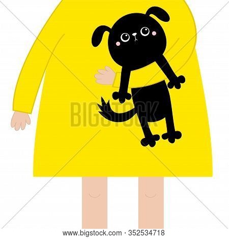 Girl Holding Black Dog Puppy. Cute Cartoon Kawaii Funny Baby Chatacter. Hanging Body Paw Print, Tail