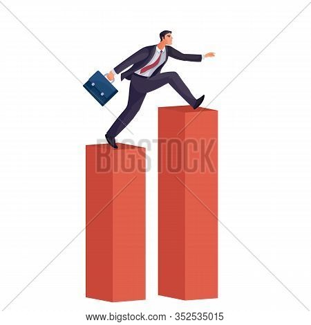Businessman With A Briefcase In His Hands Jumps From One Dry Red Pillar To Another, Taller And Striv
