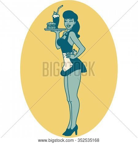 tattoo in traditional style of a pinup waitress girl
