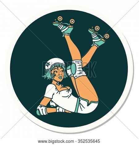 sticker of tattoo in traditional style of a pinup roller derby girl