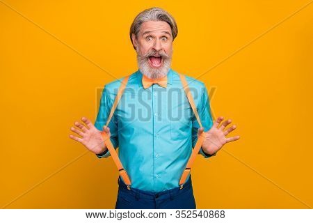 Photo Of Handsome Cool Clothes Grandpa Amazed Good Mood Ready For Party Chilling Celebrating Wear Bl