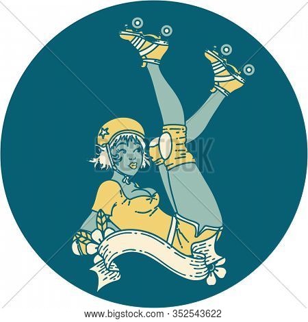 tattoo in traditional style of a pinup roller derby girl with banner
