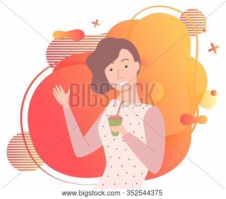 Young Girl With Cup Of Offee. Woman In Polka Dot Shirt Portrait. Stylish Young Woman On Abstract Ora