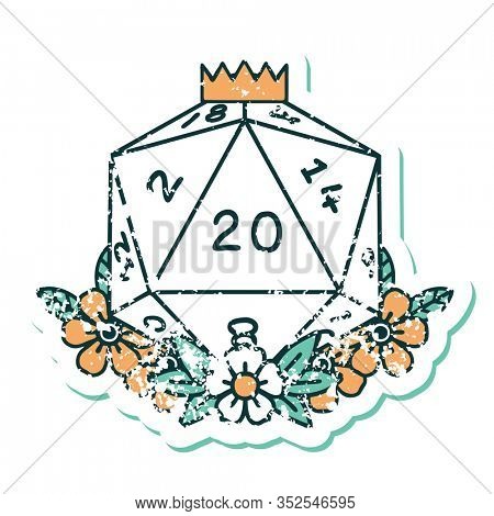 iconic distressed sticker tattoo style image of a d20