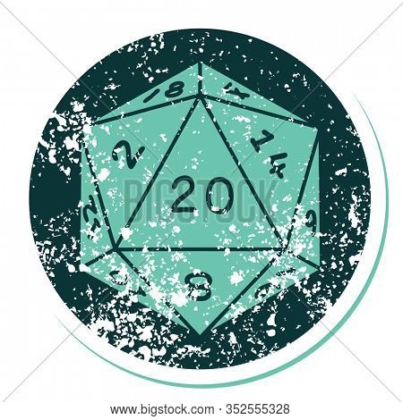 iconic distressed sticker tattoo style image of a d20 dice
