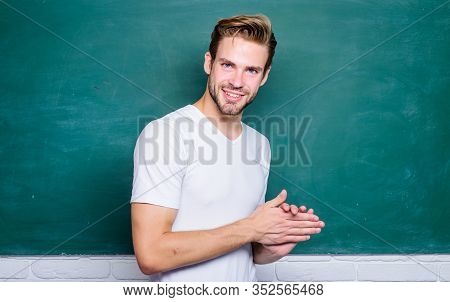 Happy Teachers Day. Master Of Simplification. Man Teacher In Front Of Chalkboard. Teaching Could Be 