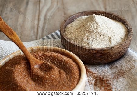 Teff Flour And Teff Grain In Bowls Close Up