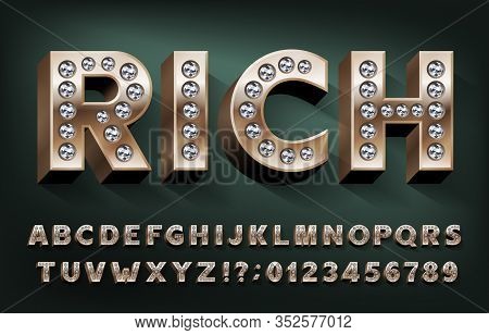 Rich Alphabet Font. 3d Gold Metal Letters And Numbers With Diamonds. Stock Vector Typeset For Your D