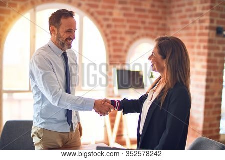 Two middle age business workers smiling happy and confident. Working together with smile on face using laptop doing handsake at the office