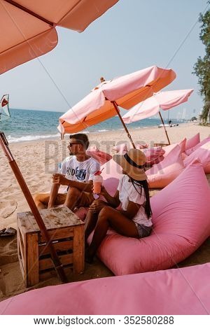 Couple Relax On The Beach In Pattaya Thailand Jomtien Beach With Beach Clubs And Restaurants