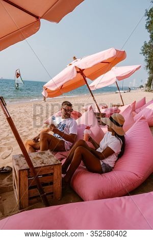 Couple Relax On The Beach In Pattaya Thailand Jomtien Beach With Beach Clubs And Restaurants